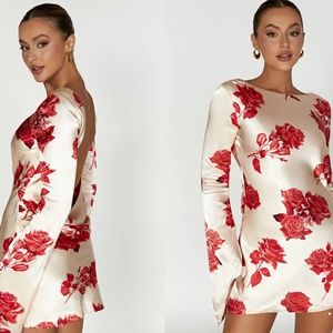 Meshki Davina Satin Long Sleeve Mini Dress Rose Print